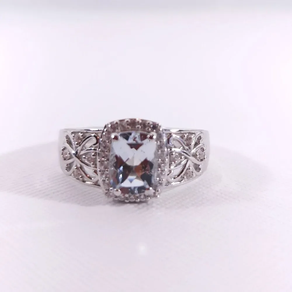 Aquamarine and Zircon Ring 1.1 Carats Size 8